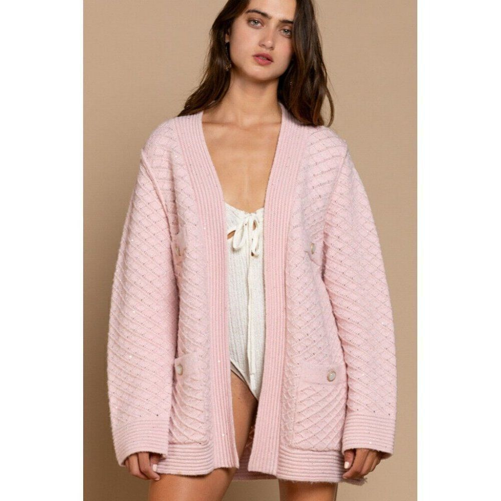 POL Clothing Women's Baby Pink Luxe Open Cardigan Sweater with Buttons YST174 - Picture 7 of 12